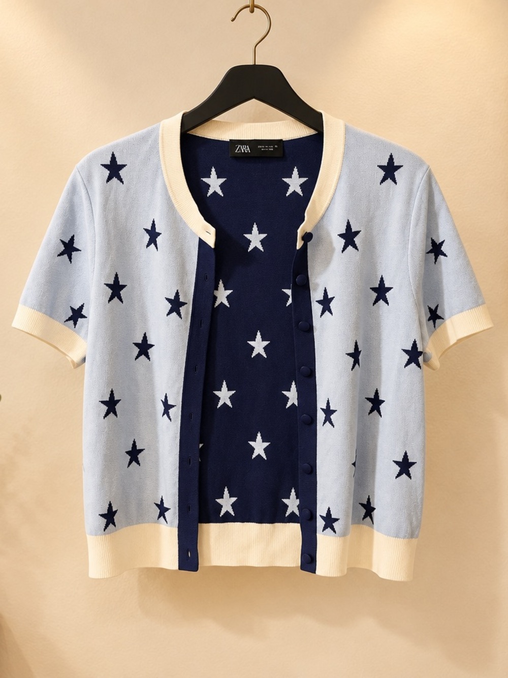 Zara Light Blue & Navy Star-Print Short Sleeve Cardigan